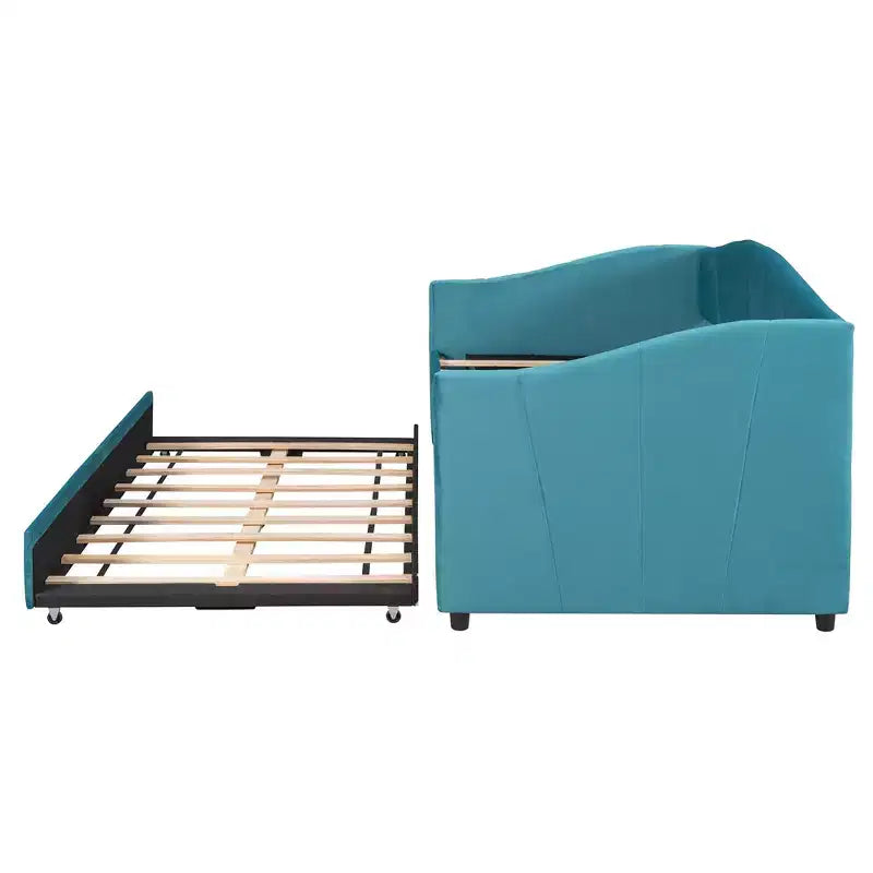 Lit de repos rembourré Taille double avec lit gigogne et lattes en bois bleu