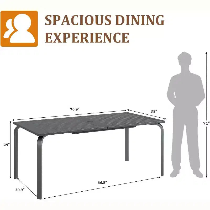 Table de salle à manger d'extérieur moderne 71 avec trou pour parasol, conception résistante aux intempéries et à la rouille pour les restaurants, les arrière-cours, les bords de piscine