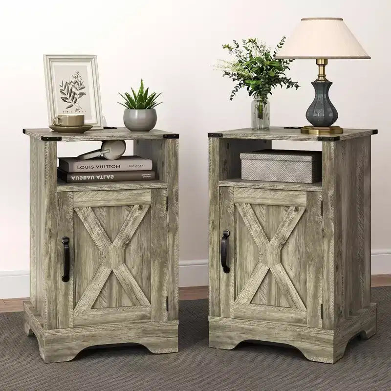 RoyalCraft Farmhouse Nightstand with Charging Station, Rustic End Table Set with Shelf and Storage for Bedroom or Home Office, Set of 2, Light Grey