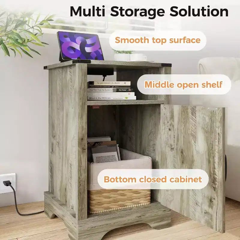 Table de chevet rustique avec station de recharge, ensemble de 2 tables d'appoint rustiques avec étagère de rangement pour chambre ou bureau, gris clair