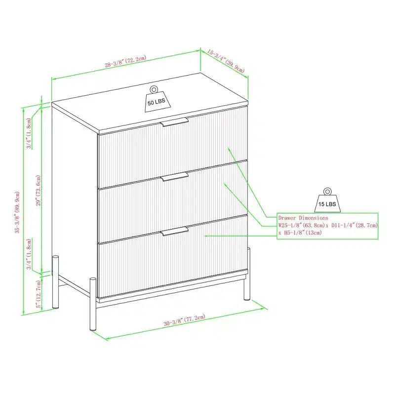 Commode à 3 tiroirs en bois massif, design Mid-Century, finition peinte, grand espace de rangement avec glissières en bois, idéale pour les intérieurs modernes
