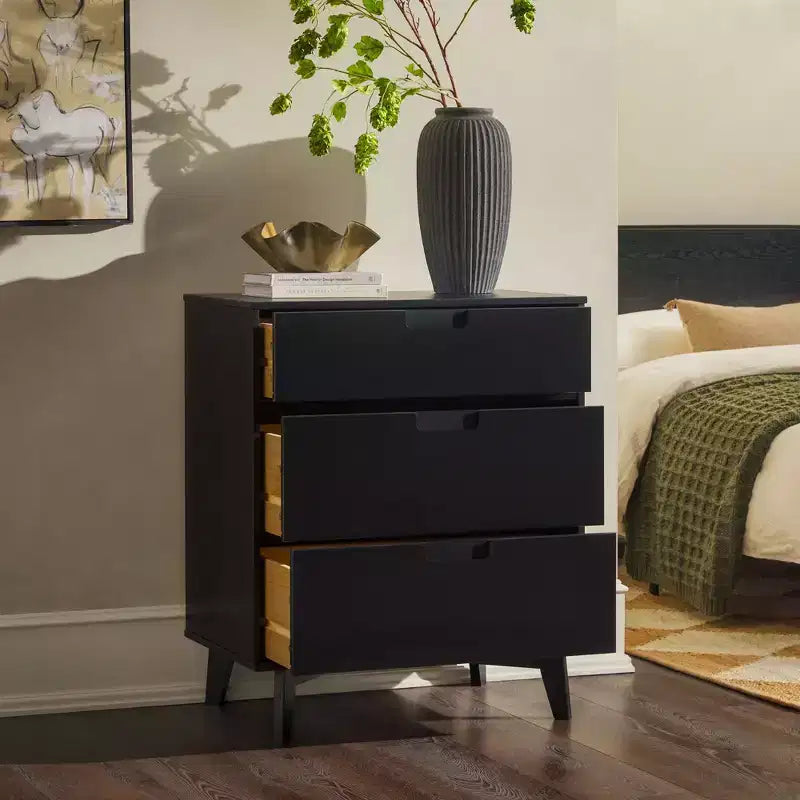 Commode à 3 tiroirs en bois massif, design Mid-Century, finition peinte, grand espace de rangement avec glissières en bois, idéale pour les intérieurs modernes