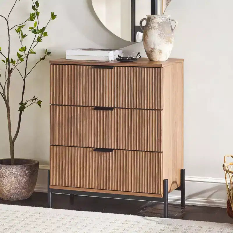 Commode à 3 tiroirs en bois massif, design Mid-Century, finition peinte, grand espace de rangement avec glissières en bois, idéale pour les intérieurs modernes