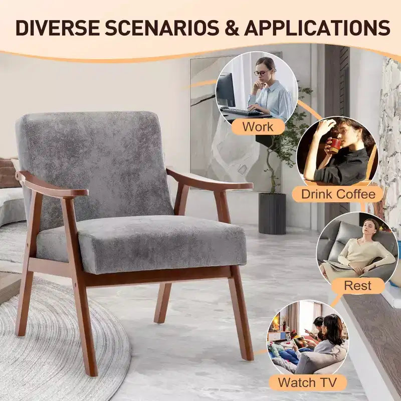 Fauteuil d'appoint à oreilles de style Mid-Century avec cadre en bois massif et dossier épais pour salon