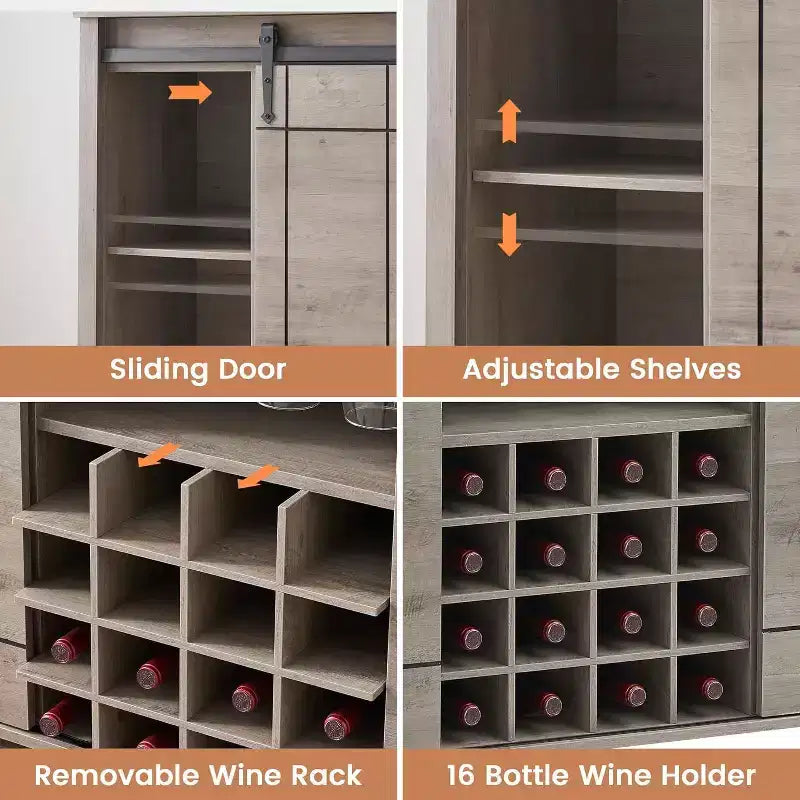 Meuble de bar, buffet de salle à manger de 47" avec portes coulissantes de style grange, meuble de rangement de ferme avec étagère réglable pour salle à manger, couleur ivoire clair