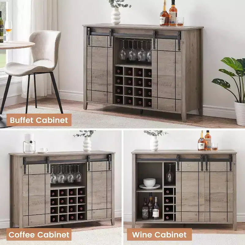 Meuble de bar, buffet de salle à manger de 47" avec portes coulissantes de style grange, meuble de rangement de ferme avec étagère réglable pour salle à manger, couleur ivoire clair