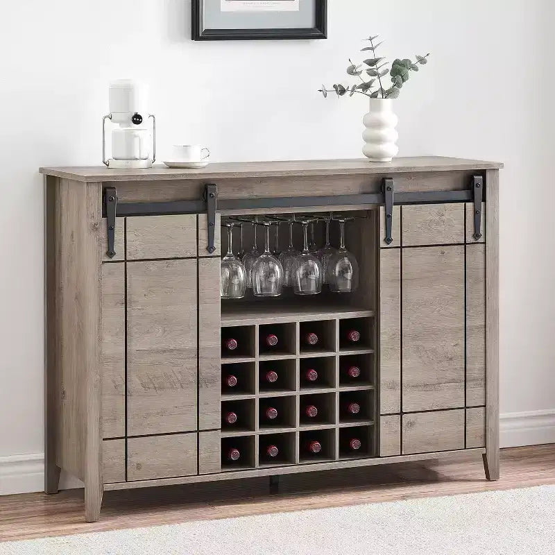 Meuble de bar, buffet de salle à manger de 47" avec portes coulissantes de style grange, meuble de rangement de ferme avec étagère réglable pour salle à manger, couleur ivoire clair