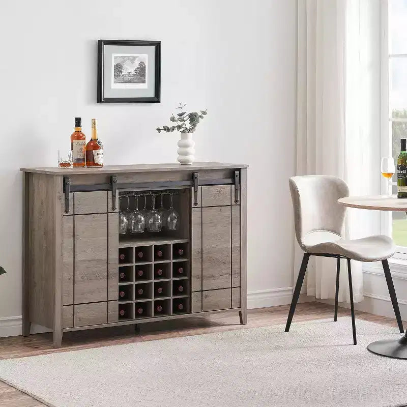 Meuble de bar, buffet de salle à manger de 47" avec portes coulissantes de style grange, meuble de rangement de ferme avec étagère réglable pour salle à manger, couleur ivoire clair