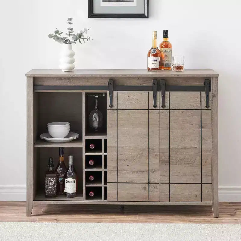 Meuble de bar, buffet de salle à manger de 47" avec portes coulissantes de style grange, meuble de rangement de ferme avec étagère réglable pour salle à manger, couleur ivoire clair