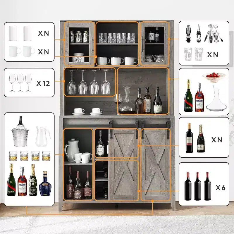 Meuble de bar à vin 70 avec huche de rangement, portes coulissantes de style grange, étagères réglables, casiers à verres, couleur brûlée