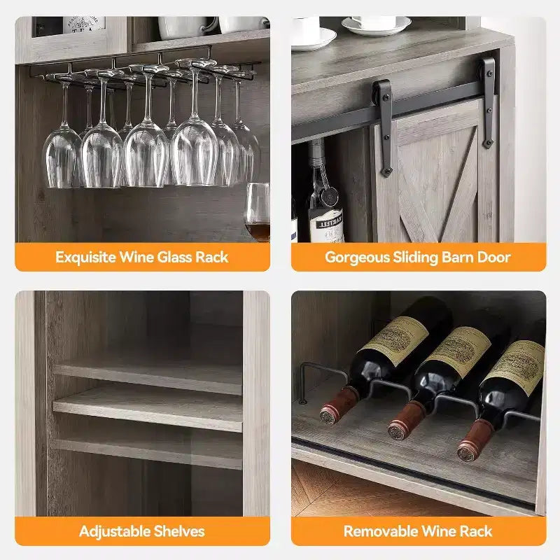 Meuble de bar à vin 70 avec huche de rangement, portes coulissantes de style grange, étagères réglables, casiers à verres, couleur brûlée