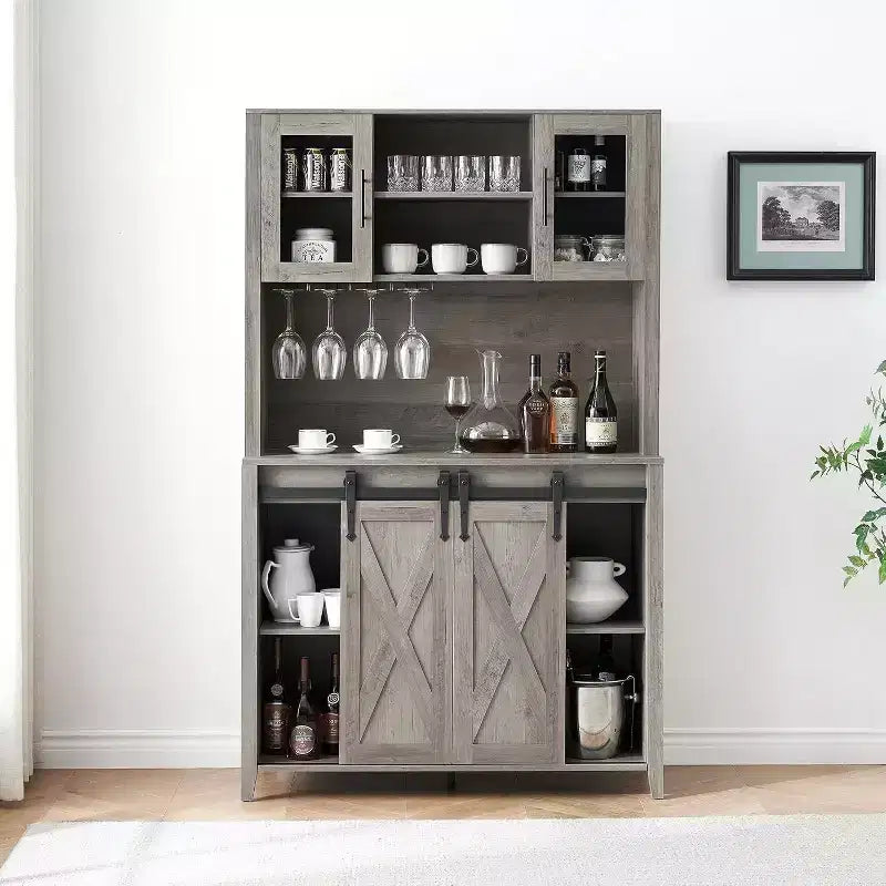 Meuble de bar à vin 70 avec huche de rangement, portes coulissantes de style grange, étagères réglables, casiers à verres, couleur brûlée