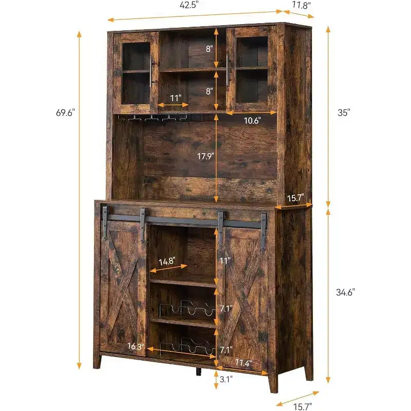 Meuble de bar à vin 70 avec huche de rangement, portes coulissantes de style grange, étagères réglables, casiers à verres, couleur brûlée