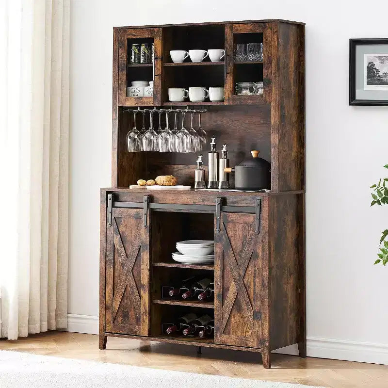 Meuble de bar à vin 70 avec huche de rangement, portes coulissantes de style grange, étagères réglables, casiers à verres, couleur brûlée