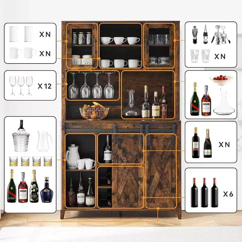 Meuble de bar à vin 70 avec huche de rangement, portes coulissantes de style grange, étagères réglables, casiers à verres, couleur brûlée