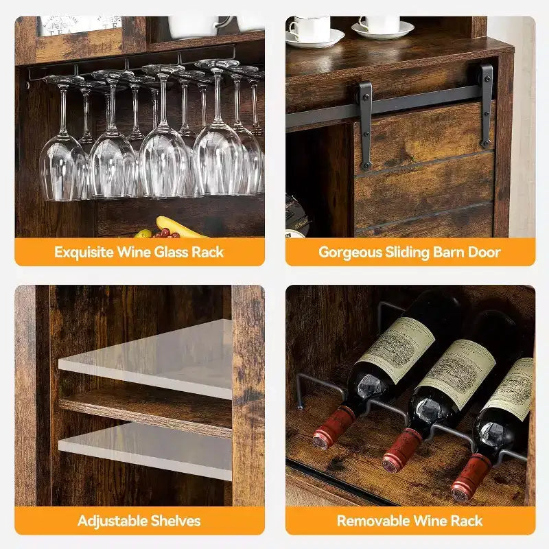 Meuble de bar à vin 70 avec huche de rangement, portes coulissantes de style grange, étagères réglables, casiers à verres, couleur brûlée