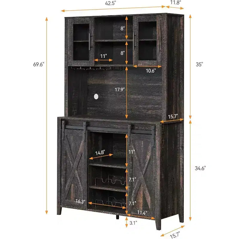 Meuble de bar à vin 70 avec huche de rangement, portes coulissantes de style grange, étagères réglables, casiers à verres, couleur brûlée