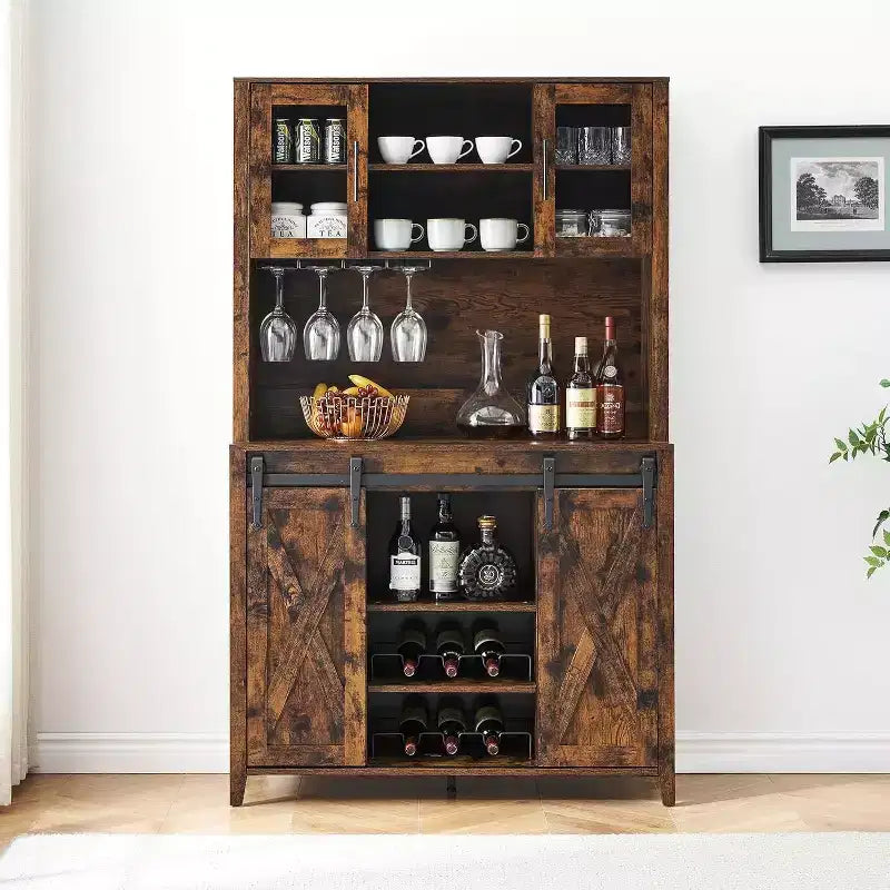 Meuble de bar à vin 70 avec huche de rangement, portes coulissantes de style grange, étagères réglables, casiers à verres, couleur brûlée