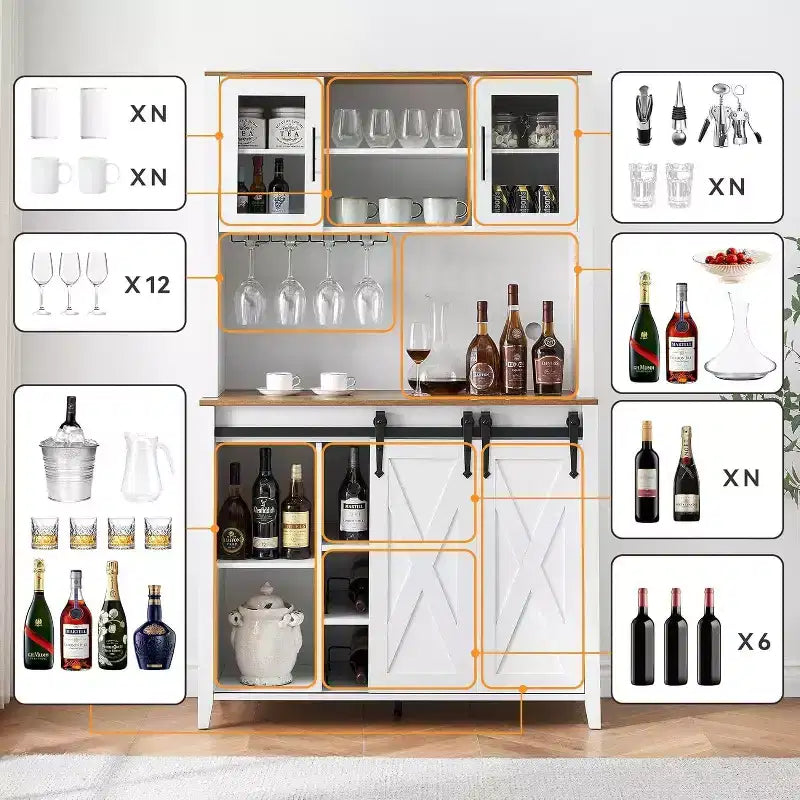 Meuble de bar à vin 70 avec huche de rangement, portes coulissantes de style grange, étagères réglables, casiers à verres, couleur brûlée