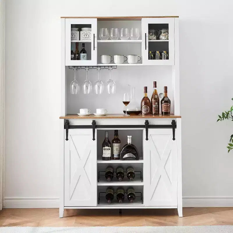Meuble de bar à vin 70 avec huche de rangement, portes coulissantes de style grange, étagères réglables, casiers à verres, couleur brûlée