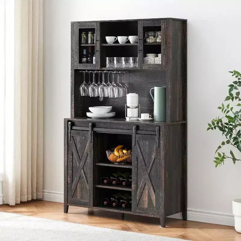 Meuble de bar à vin 70 avec huche de rangement, portes coulissantes de style grange, étagères réglables, casiers à verres, couleur brûlée