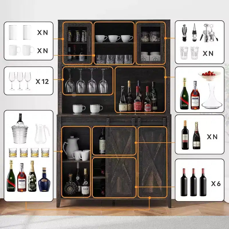 Meuble de bar à vin 70 avec huche de rangement, portes coulissantes de style grange, étagères réglables, casiers à verres, couleur brûlée