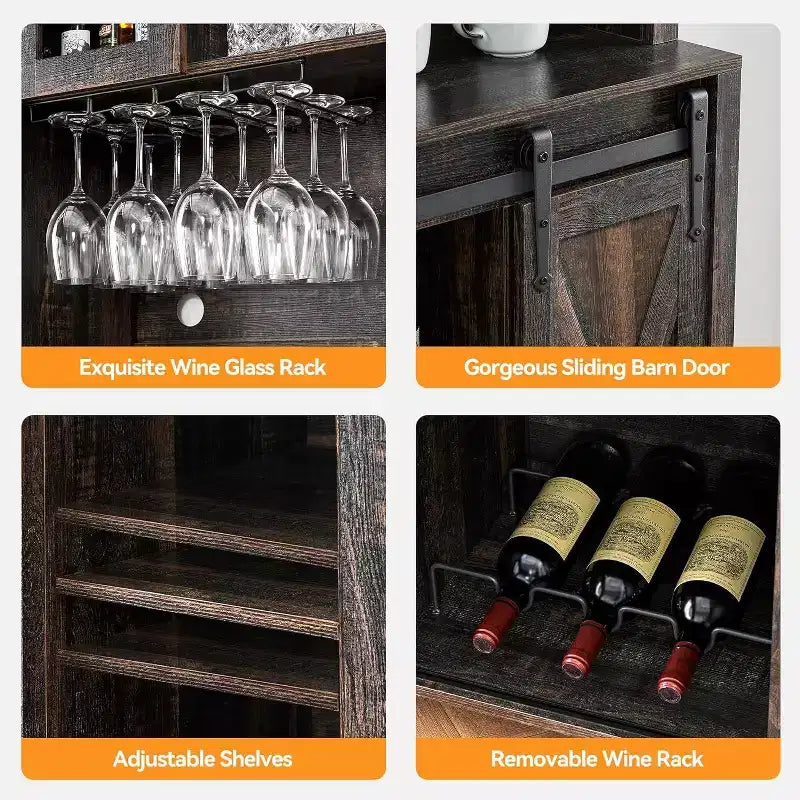 Meuble de bar à vin 70 avec huche de rangement, portes coulissantes de style grange, étagères réglables, casiers à verres, couleur brûlée