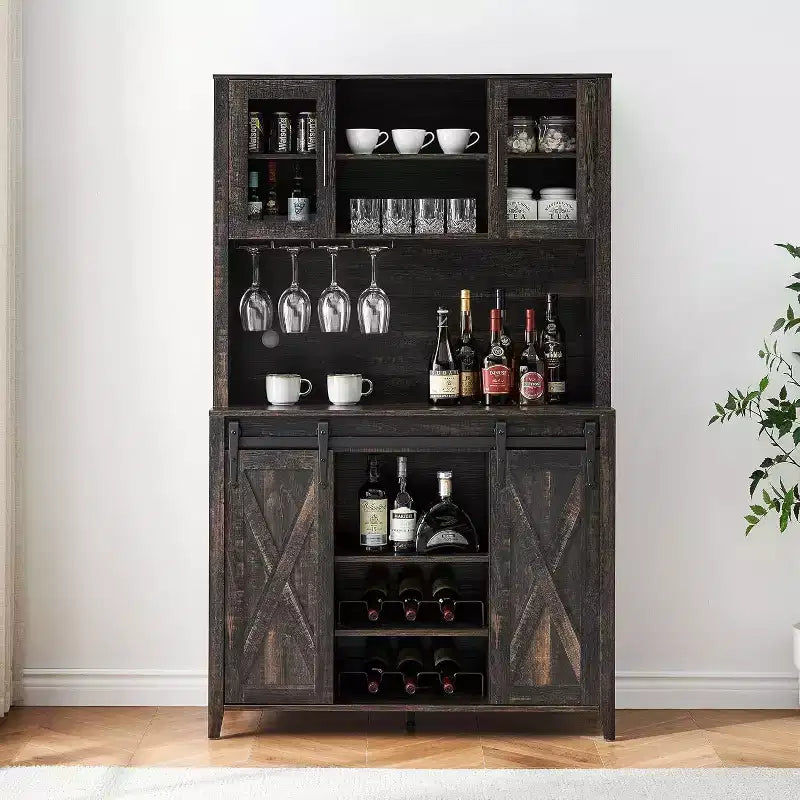 Meuble de bar à vin 70 avec huche de rangement, portes coulissantes de style grange, étagères réglables, casiers à verres, couleur brûlée
