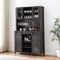 Acekool 70 Wine Bar Cabinet with Storage Hutch, Sliding Barn Doors, Adjustable Shelves, Glass Racks, Burnt Color