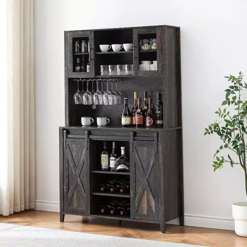 Acekool 70 Wine Bar Cabinet with Storage Hutch, Sliding Barn Doors, Adjustable Shelves, Glass Racks, Burnt Color