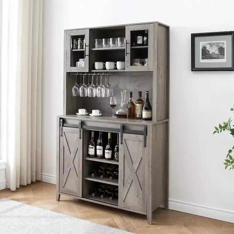 Meuble de bar à vin 70 avec huche de rangement, portes coulissantes de style grange, étagères réglables, casiers à verres, couleur brûlée