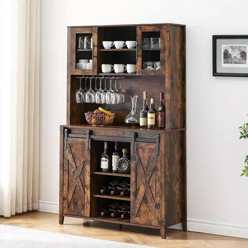 Meuble de bar à vin 70 avec huche de rangement, portes coulissantes de style grange, étagères réglables, casiers à verres, couleur brûlée