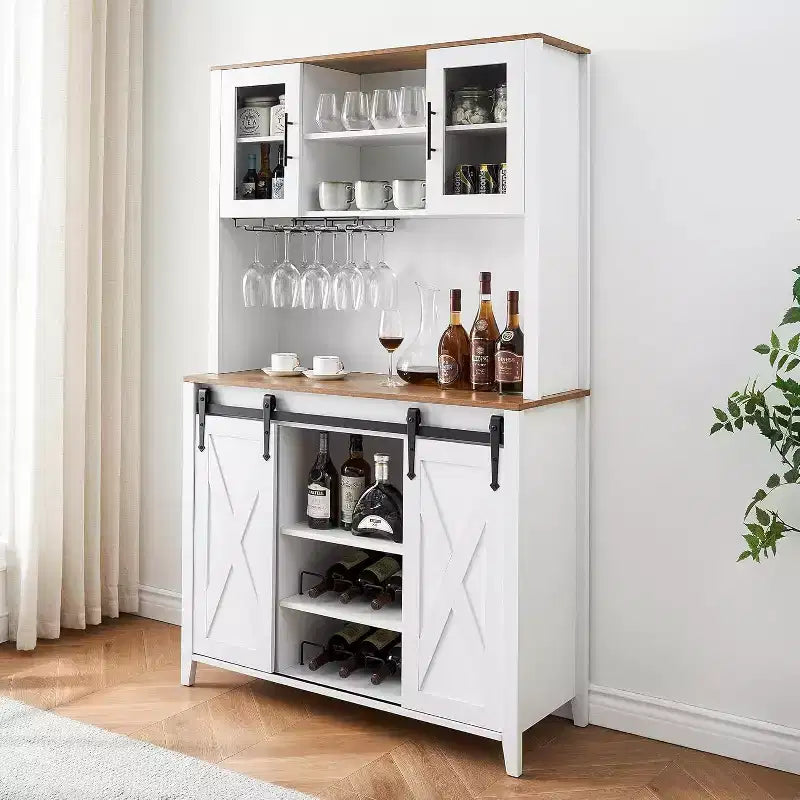 Meuble de bar à vin 70 avec huche de rangement, portes coulissantes de style grange, étagères réglables, casiers à verres, couleur brûlée
