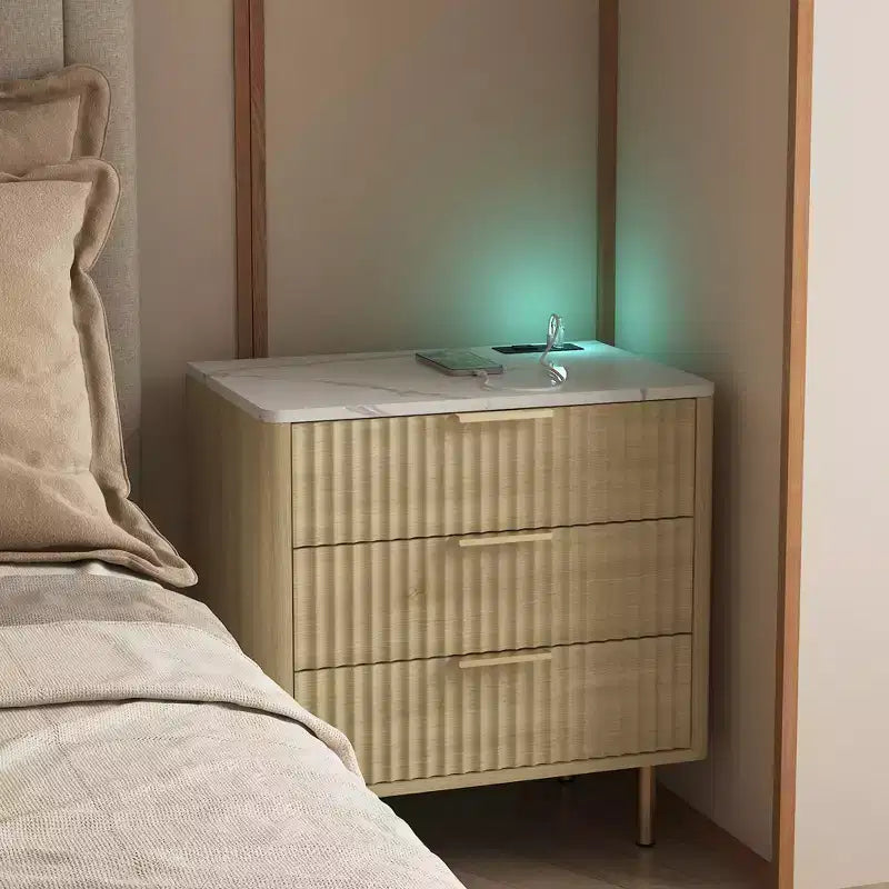 JVNOXK 22-inch Charging Station Smart Nightstand with Night Light, Modern Bedside Cabinet with Storage Compartment, Wood-Tone