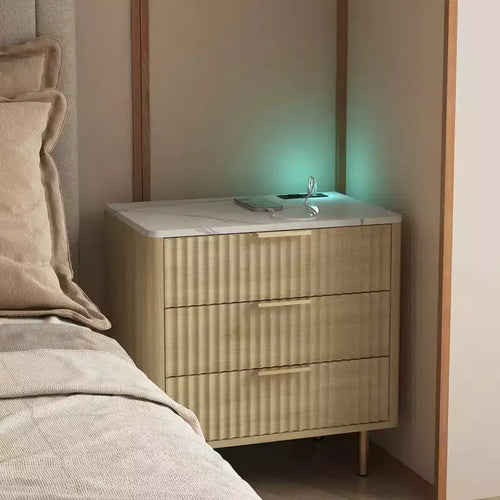 JVNOXK 22-inch Charging Station Smart Nightstand with Night Light, Modern Bedside Cabinet with Storage Compartment, Wood-Tone