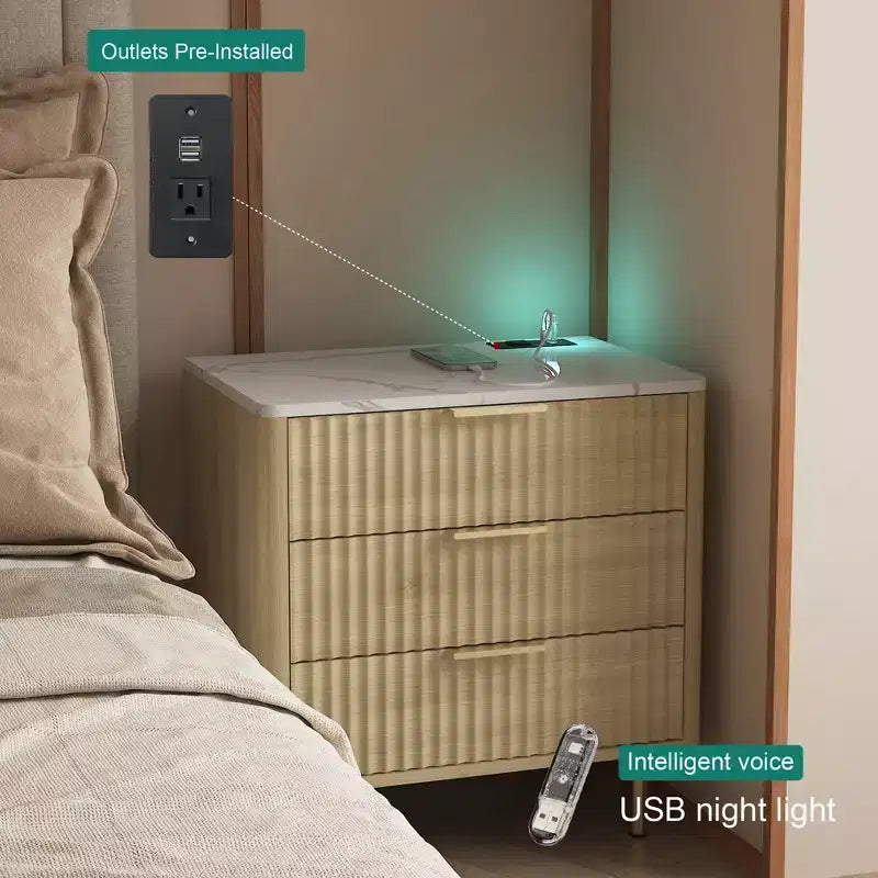 Table de chevet intelligente avec station de charge de 56 cm et veilleuse, table de chevet moderne avec compartiment de rangement, coloris bois