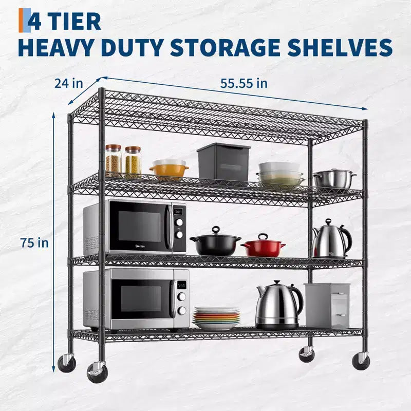 Étagère métallique à roulettes robuste à 4 niveaux, capacité de 1000 kg, rack de rangement réglable en métal pour garage, entrepôt, cellier