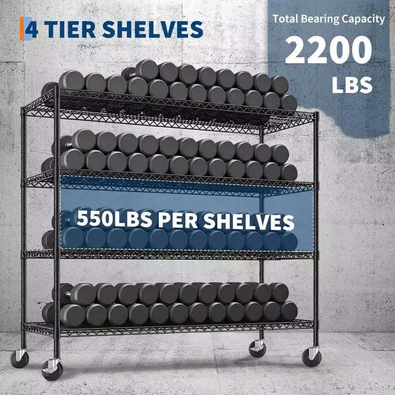 Étagère métallique à roulettes robuste à 4 niveaux, capacité de 1000 kg, rack de rangement réglable en métal pour garage, entrepôt, cellier