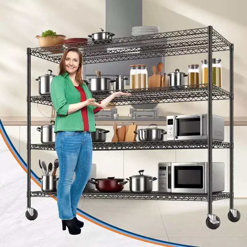 Étagère métallique à roulettes robuste à 4 niveaux, capacité de 1000 kg, rack de rangement réglable en métal pour garage, entrepôt, cellier
