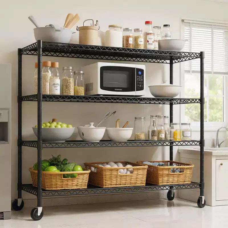 Étagère métallique à roulettes robuste à 4 niveaux, capacité de 1000 kg, rack de rangement réglable en métal pour garage, entrepôt, cellier