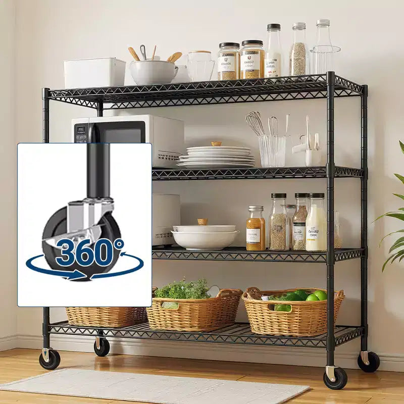 Étagère métallique à roulettes robuste à 4 niveaux, capacité de 1000 kg, rack de rangement réglable en métal pour garage, entrepôt, cellier