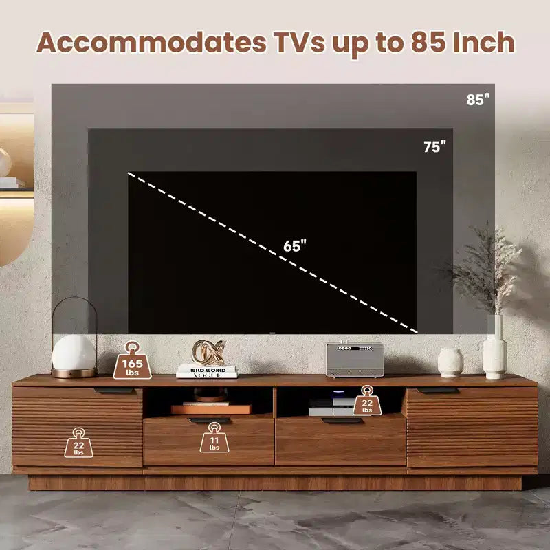 Meuble TV moderne et minimaliste avec lignes épurées, 2 tiroirs profonds et étagères ouvertes