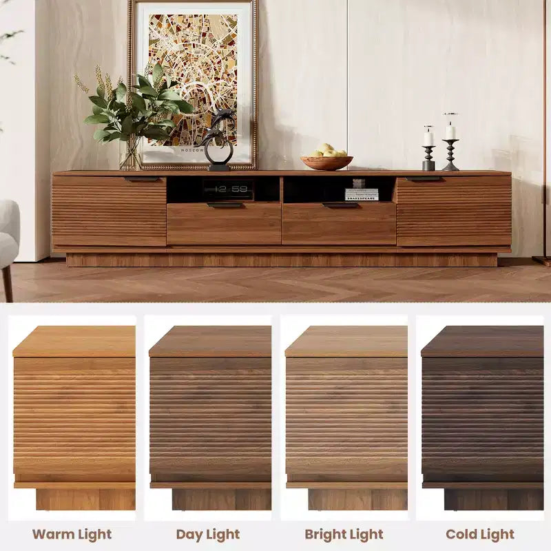 Meuble TV moderne et minimaliste avec lignes épurées, 2 tiroirs profonds et étagères ouvertes