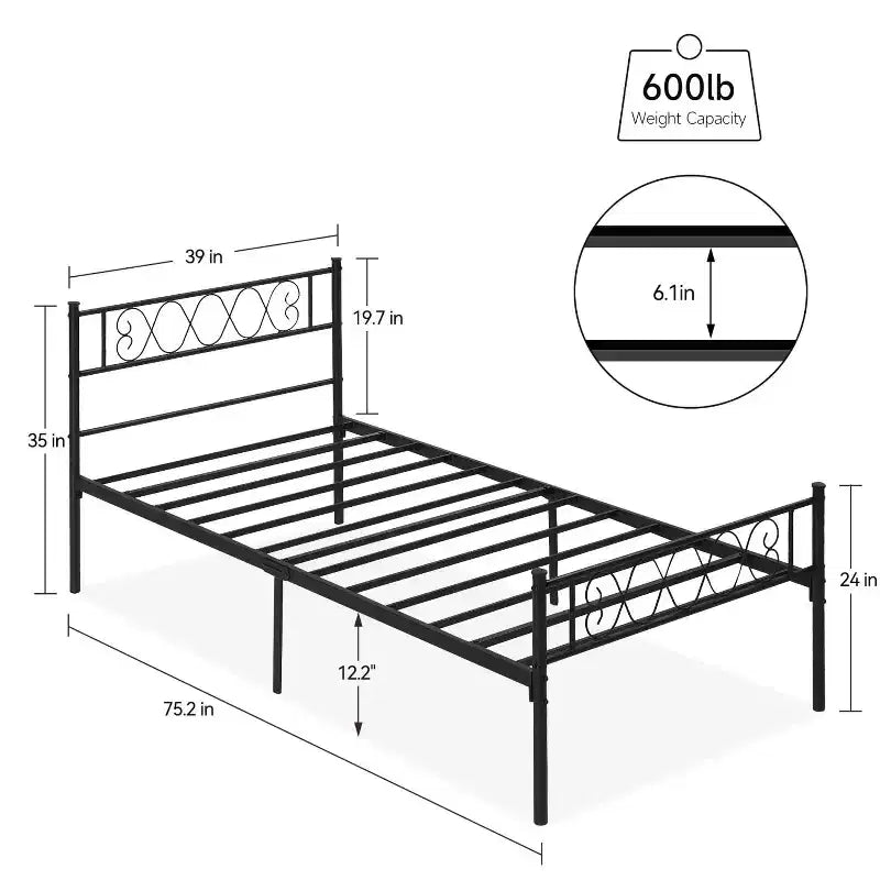 Cadre de lit plateforme en métal de taille double avec tête et pied de lit, cadre de lit en forme de cœur, rangement sous le lit de 31 cm