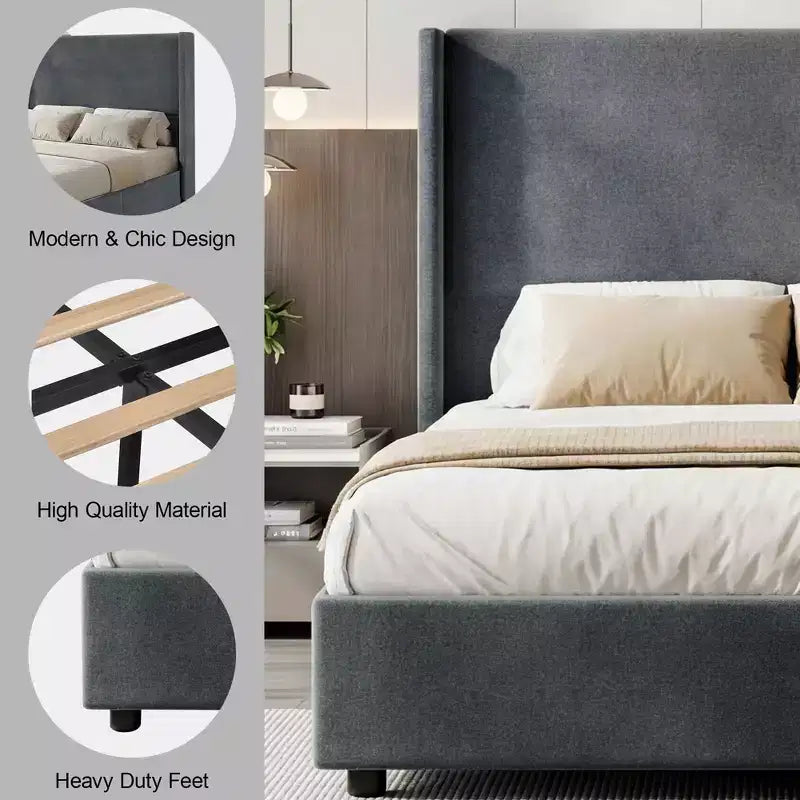 Lit souple en lin naturel, hauteur 140 cm, structure renforcée, convient aux matelas de 20-35 cm d'épaisseur, pas besoin de sommier tapissier