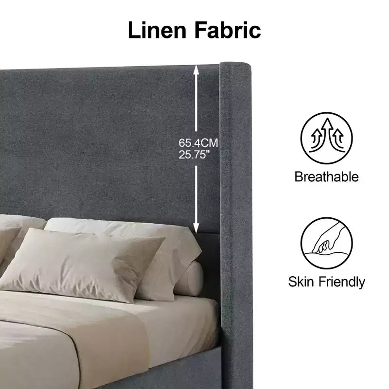 Lit souple en lin naturel, hauteur 140 cm, structure renforcée, convient aux matelas de 20-35 cm d'épaisseur, pas besoin de sommier tapissier