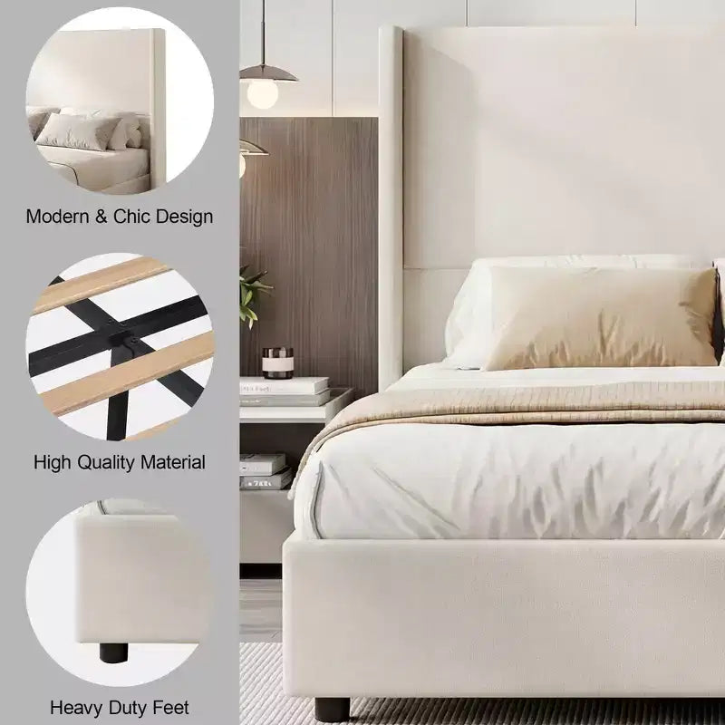 Lit souple en lin naturel, hauteur 140 cm, structure renforcée, convient aux matelas de 20-35 cm d'épaisseur, pas besoin de sommier tapissier