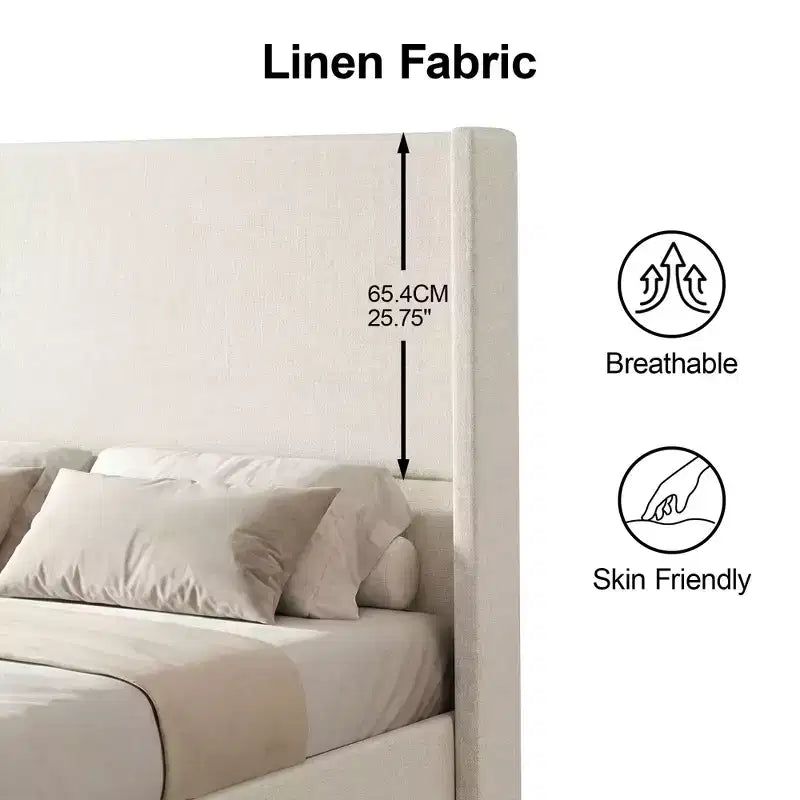 Lit souple en lin naturel, hauteur 140 cm, structure renforcée, convient aux matelas de 20-35 cm d'épaisseur, pas besoin de sommier tapissier
