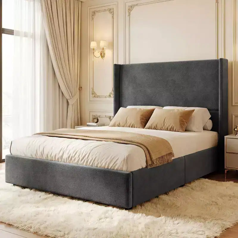 Lit souple en lin naturel, hauteur 140 cm, structure renforcée, convient aux matelas de 20-35 cm d'épaisseur, pas besoin de sommier tapissier