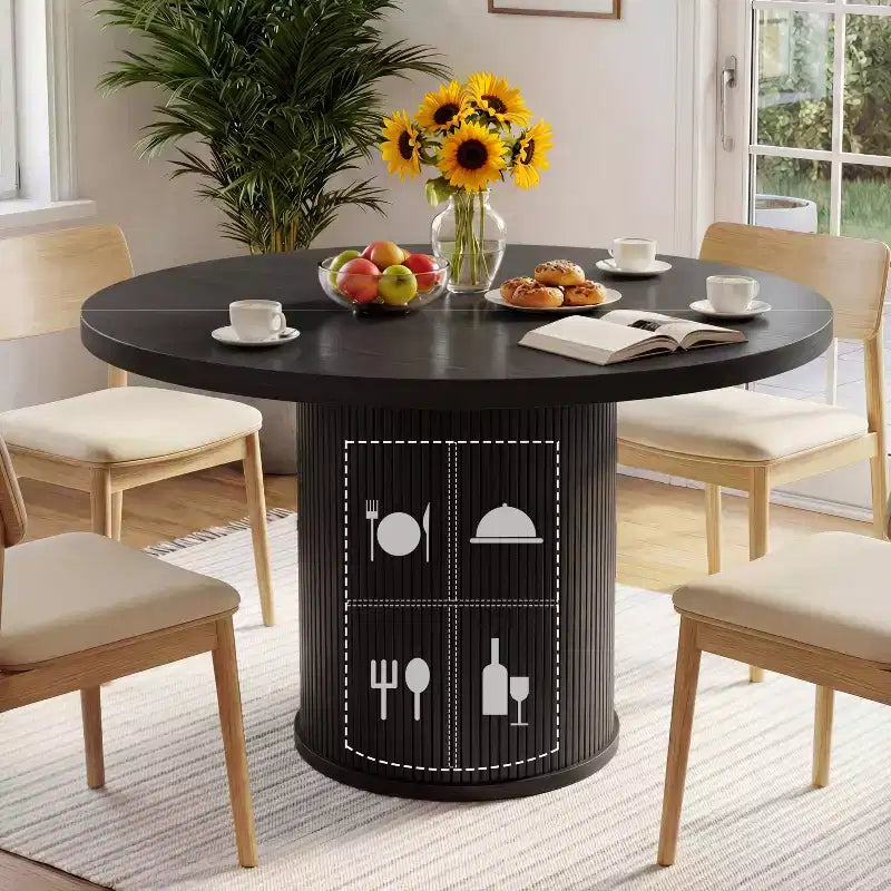 Dyonery 35 circular four-person dining table, a modern type with double-layer storage space and sliding doors